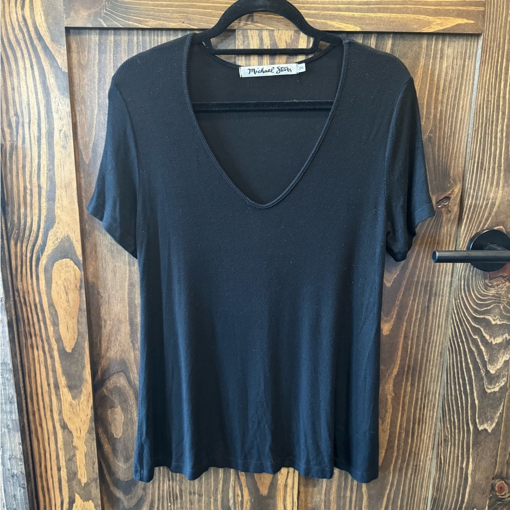 MICHAEL STARS 2x1 One Size Black Rib Dolman Tee Shirt V Neck